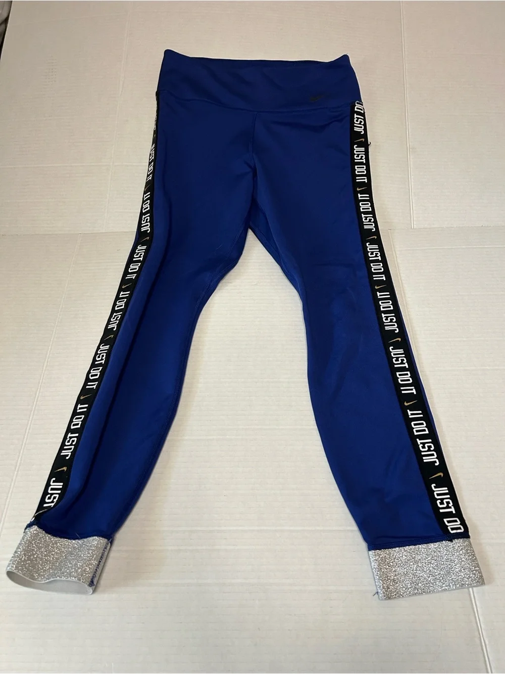 Nike One Icon Girls' Medium Royal Blue Athletic Leggings, Side 'Just Do It' Tape